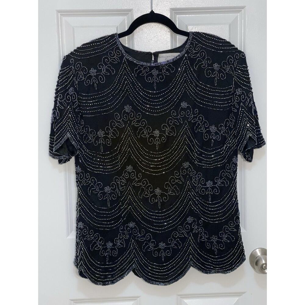 Papell Boutique Women’s Evening Occasions Back Silk Blouse Beads Scallop Hem 1X‎